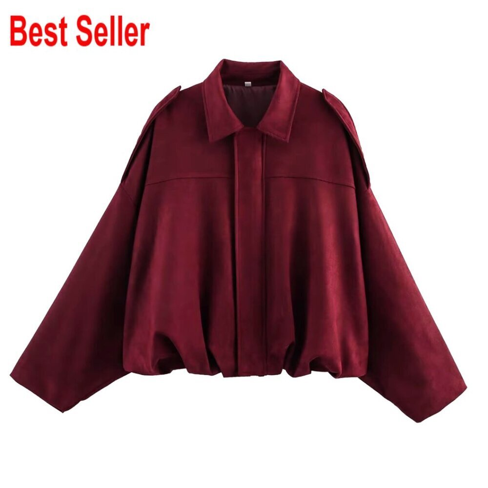 Oversized Faux Suede Bomber Jacket with Epaulets Zip Up Casual Coat